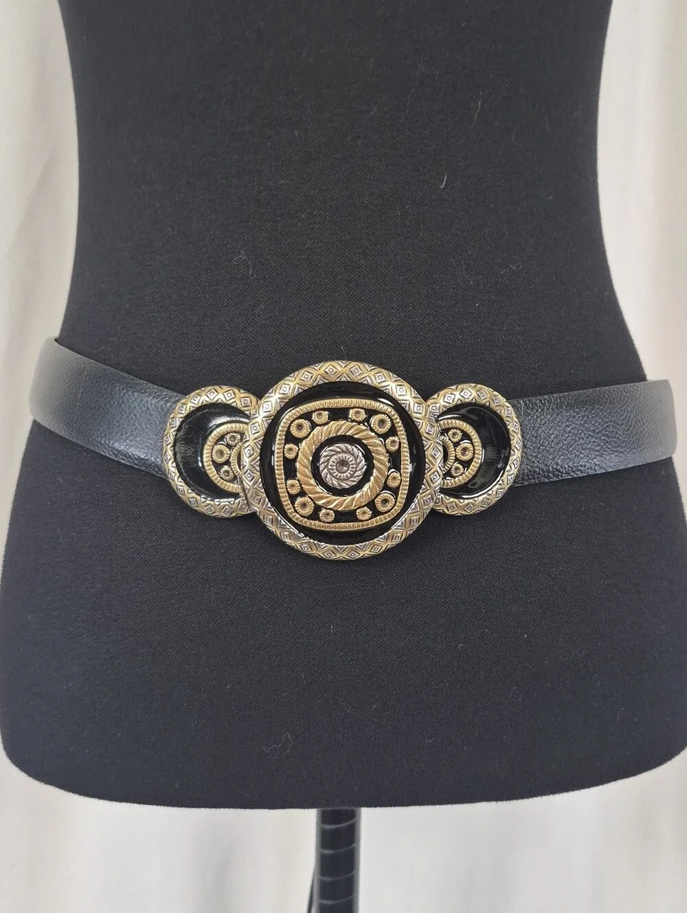 Chico's Black Leather Adjustable Belt with Ornate Medallion Buckle - Size M/L